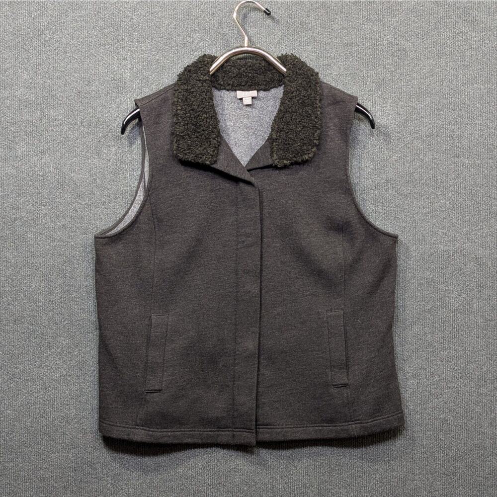 J Jill Vest Womens XL Fur Trimmed Cozy Fleece Snap Dark Brown Layer Equestrian